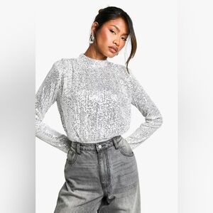 Elegant Silver Sequin Mock Neck Top Sz XXL